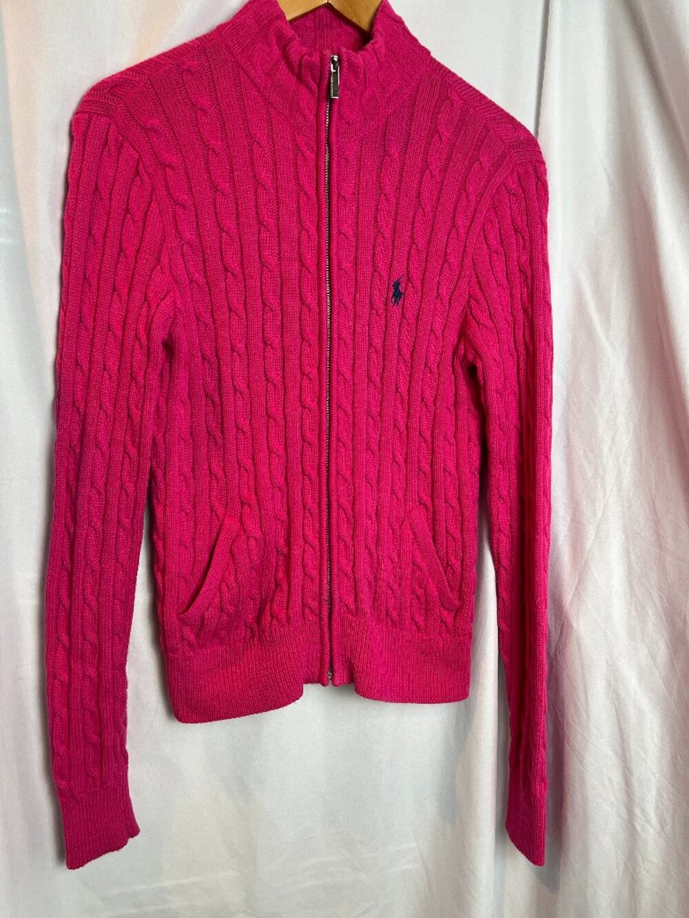 Women's Bright pink, full zip, cable knit Ralph Lauren Sport Sweater, Size L
